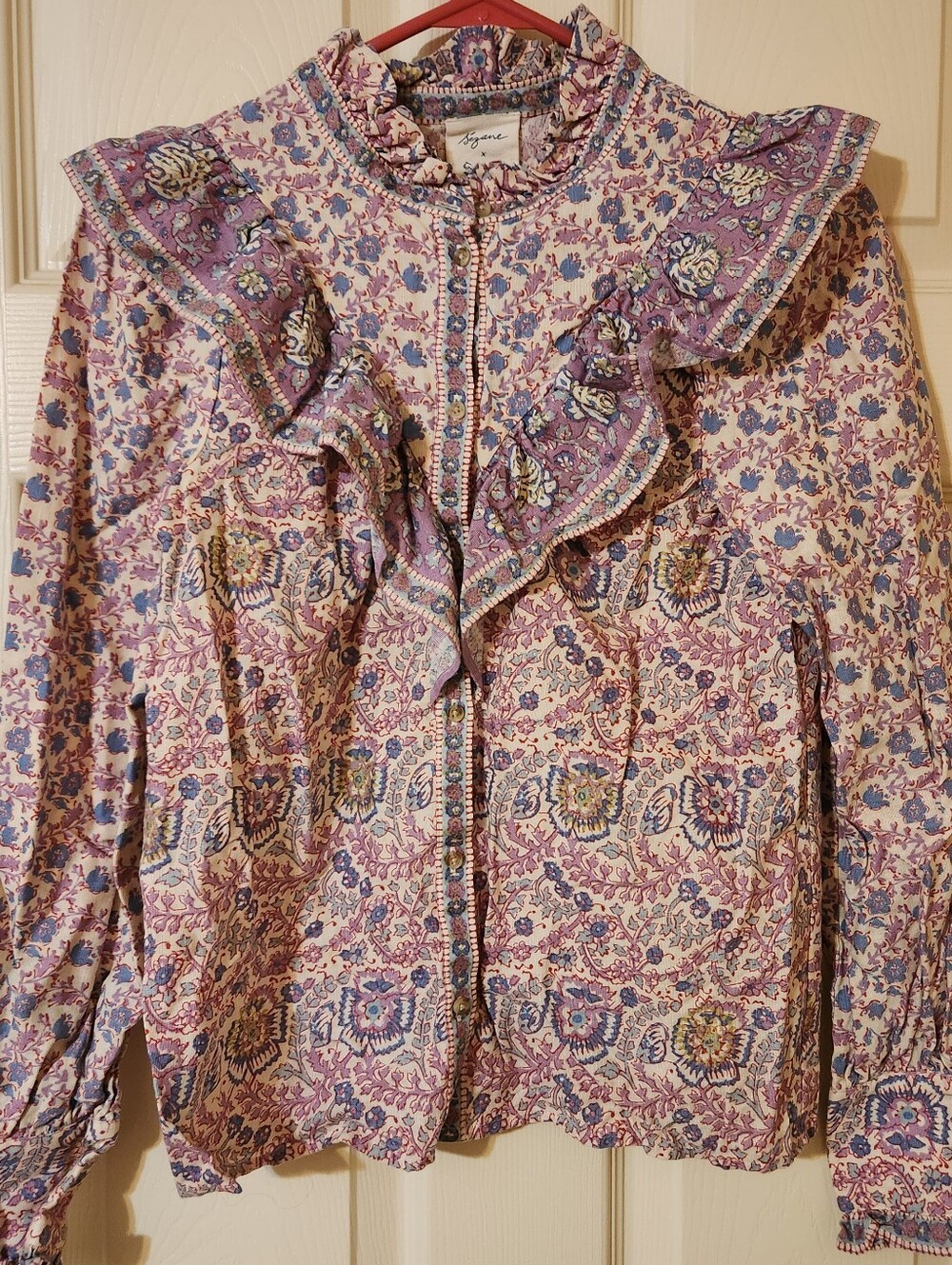 Sézane x Sea NY Cotton Linen Floral Ruffle High Neck Button Blouse Size 34 US 2